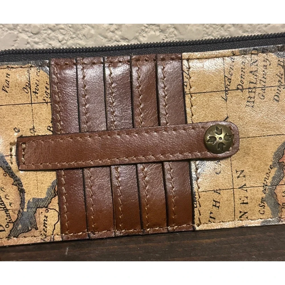 Patricia Nash Vintage Map Leather RFID Card Case Wristlet Wallet Brown Tan
